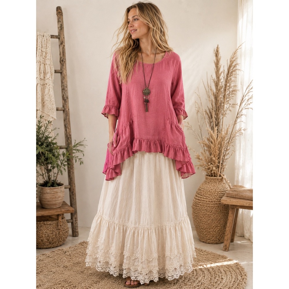 Hearts Desire Mary Grace Zelda Top XS Linen Tunic Rose Ruffle Hem 3/4 Sleeve